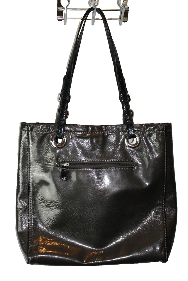 Marc Fisher Large Steel Gray Shiny Patent Tote Bag Purse Silve Snakeskin Accents - Image 2 of 4