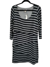 Loft Dress Medium Shift Black Stripe Jersey Layered Ruffle Long Sleeve NEW