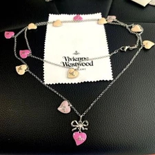 Vivienne Westwood Necklace Long Heart Ribbon Orb Silver Pink Chain 90cm IN BOX