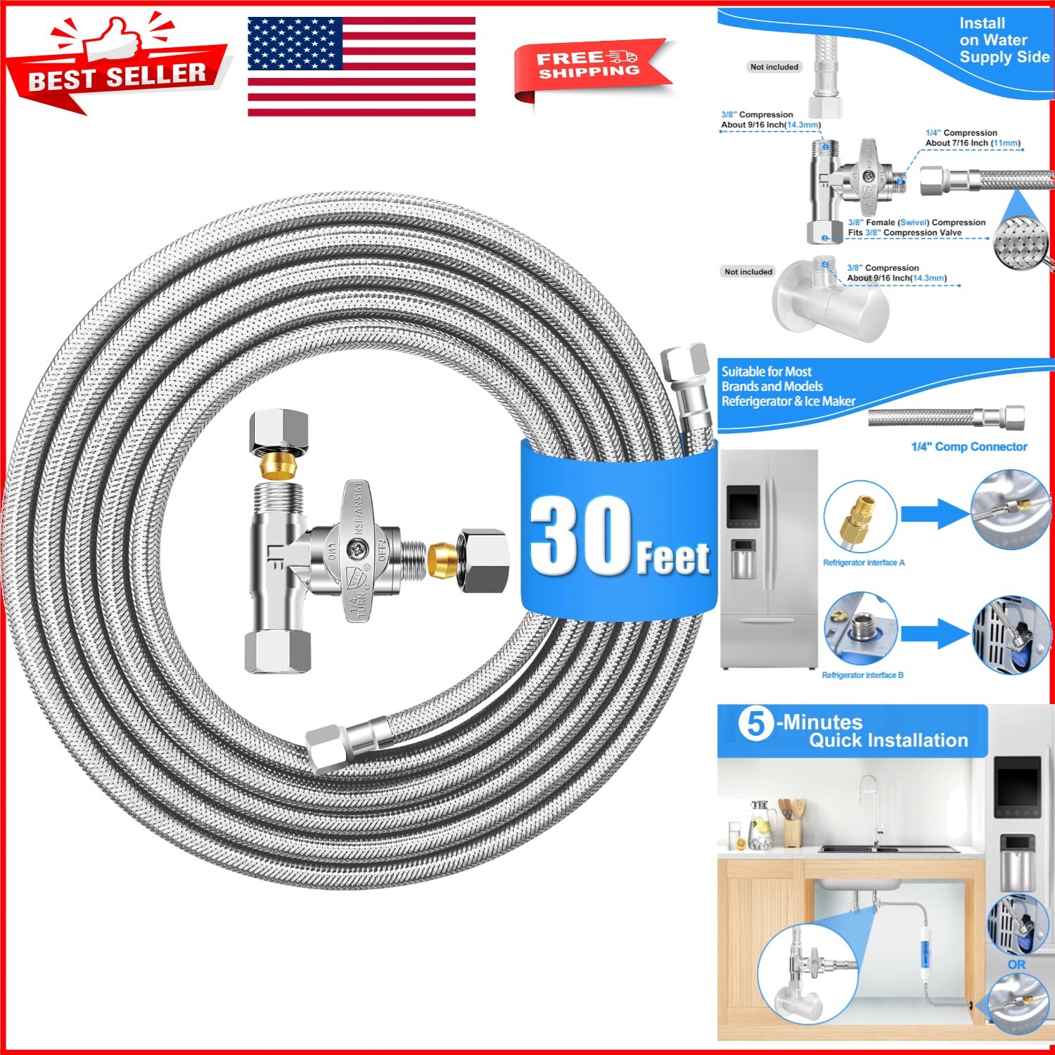 Food-Grade PEX Water Line Kit - 30FT Stainless Steel Braided for Refrigerators