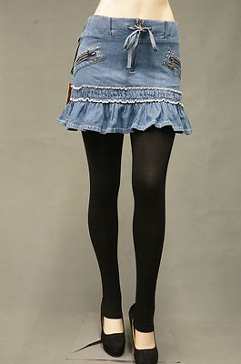 Women Denim Short Mini Skirt 4-16 Elastic W/B Med Indio wash ruffle #PS-3007