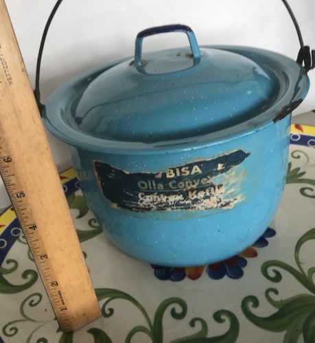 Hervidor de agua convexo Bisa Olla Ware azul verdoso moteado de colección con tapa esmaltada - Imagen 10 de 12