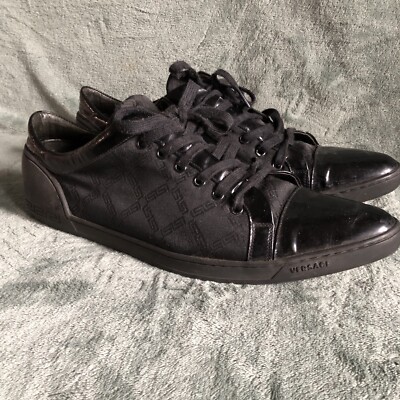 VERSACE Black Canvas Leather Logo Sneakers EU43 US10