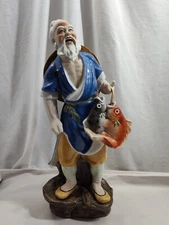 Tall 14" Vintage Chinese Fisherman With Two Fish