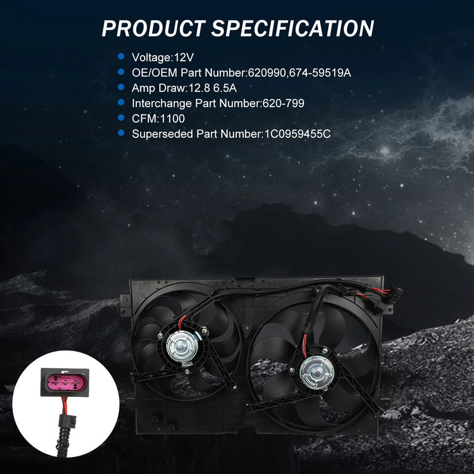 Radiator Condenser Cooling Fan Assembly For 2000-2006 Audi TT Quattro 1.8L l4 - Image 4 of 4