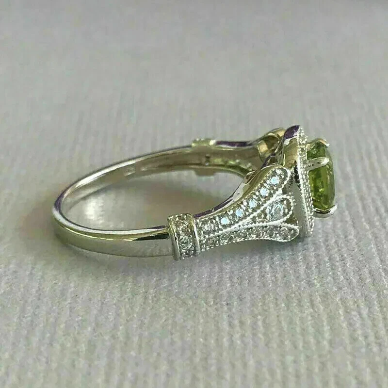 2Ct Round Cut Lab Created Green Peridot Halo Women's Ring 14K White Gold Plated - Image 4 of 4