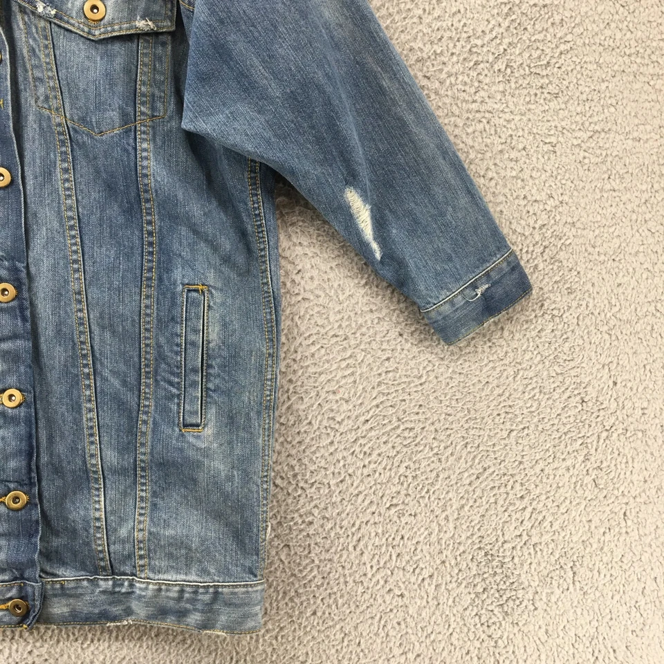 Boohoo Distressed Denim Jacket Womens 4 Blue Button Up Front Pockets Long Sleeve - Image 3 of 4