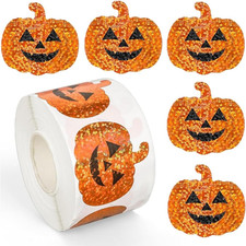 500Pcs Halloween Pumpkin Stickers Roll Laser Sparkly Decals Party Favors