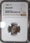 NGC MS-64 BN 1883 Indian Head Cent, Blazing, Lightly Toned specimen.