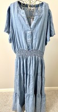 Jane Delancey Woven Boho Peasant Maxi Dress Solid Lyocell Elastic Waist Blue 3X