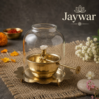 JAYWAR Akhand Jyot Brass Diya with Glass Cover for Mandir Pooja Home Decor Lamp