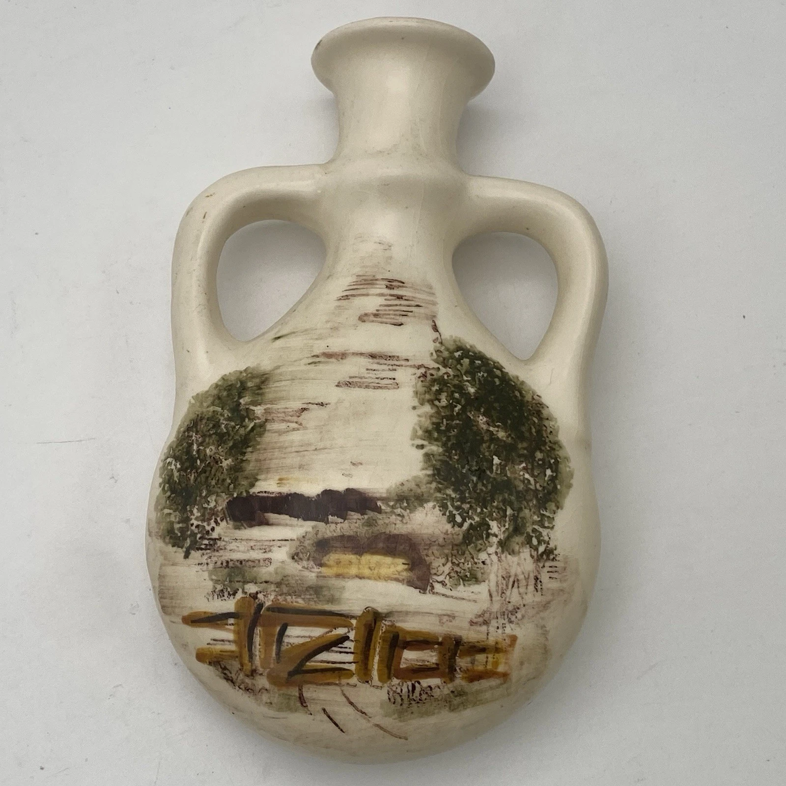 Painted Motif of Farmland, Laying Vase. Arabic Signature 6.5"