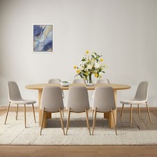 Set of 8 Modern Linen Upholstered Dining Chairs with Oak Finish Metal Legs