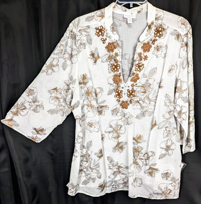 22W 2X 3X CHARTER CLUB 100% COTTON BURN-OUT SHIMMER BEADS RHINESTONES BLOUSE TOP