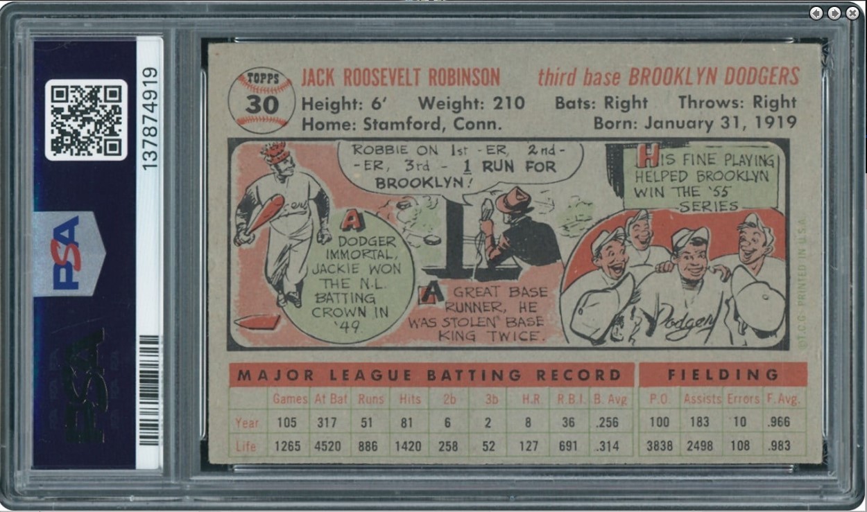 1956 Topps Set-Break #30 Jackie Robinson Gray Back PSA 4 - Great Color & Appeal view 2
