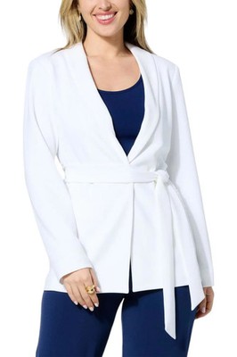 IMAN Global Chic Belted Crepe Knit Blazer White