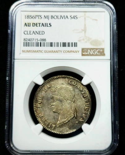 4 Soles 1856PTS MJ Two Llamas Beneath Tree Bolivia Republic AU50 NGC Rare Varity