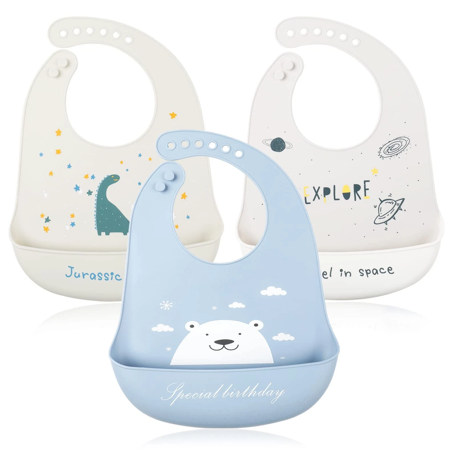 3 PCS Baby Silicone Feeding Bibs Adjustable Waterproof Bib Set for Toddlers