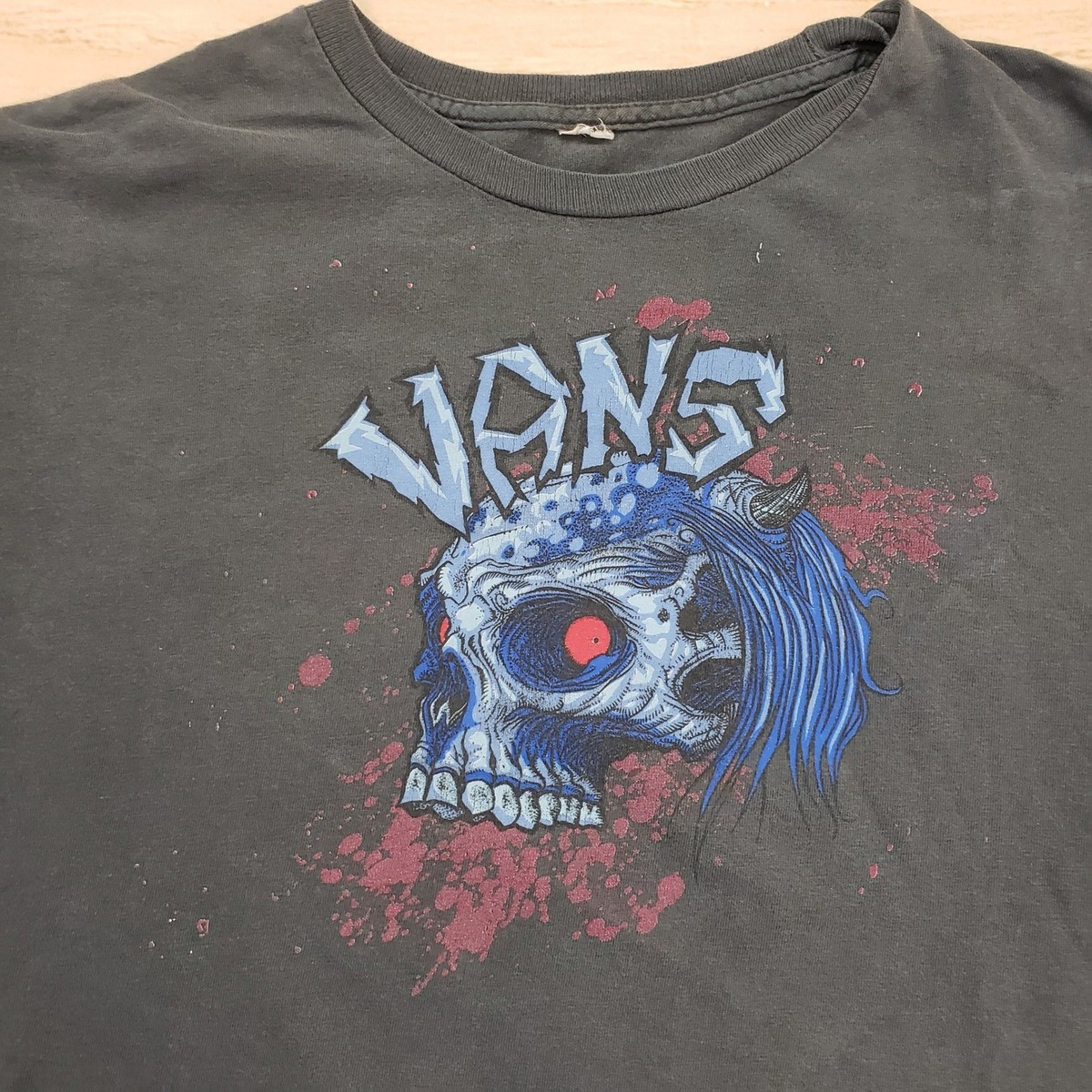 VANS フットボールシャツ　スカル VINTAGE Vans Shirt Mens Large Gray Blue Skull Short Sleeve