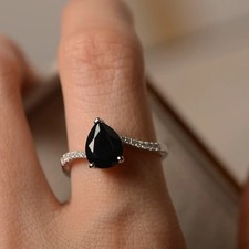 Black Onyx 925 Sterling Silver Pear Cut Gemstone Women Pave Ring Duty Free