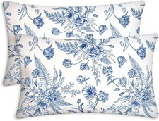 Blue Floral 12X20 Pillow Cover Set of 2, Vintage Lumbar Throw Pillow