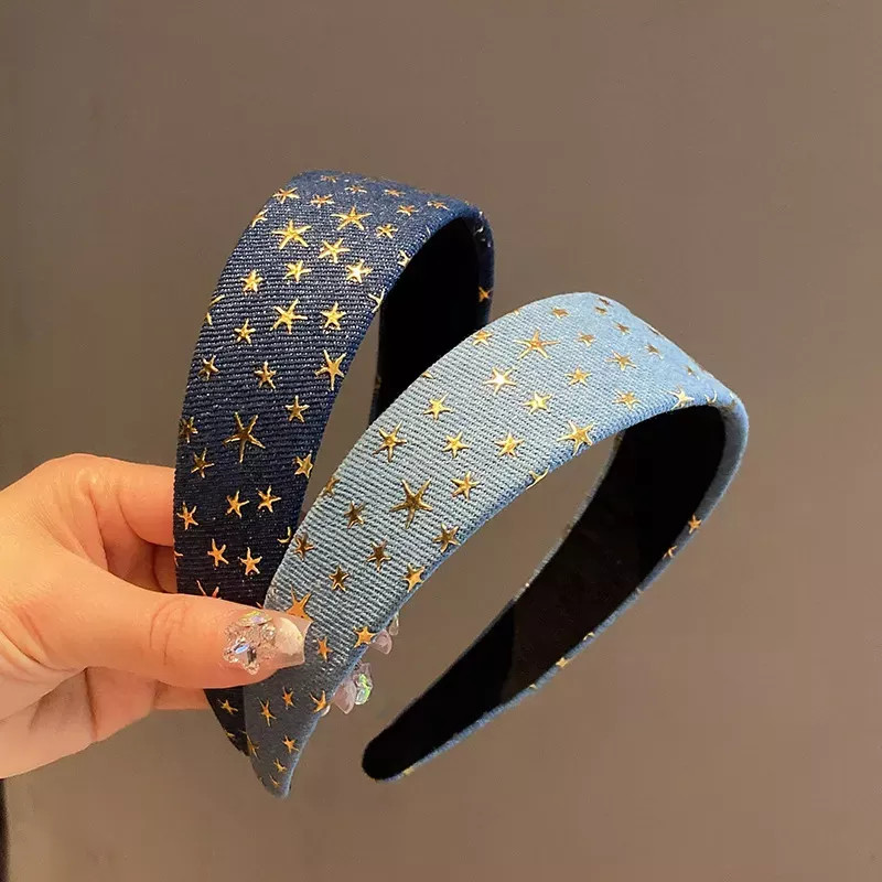 Diadema Banda Para El Cabello Con Estrellas Doradas En Jean Denim T17326
