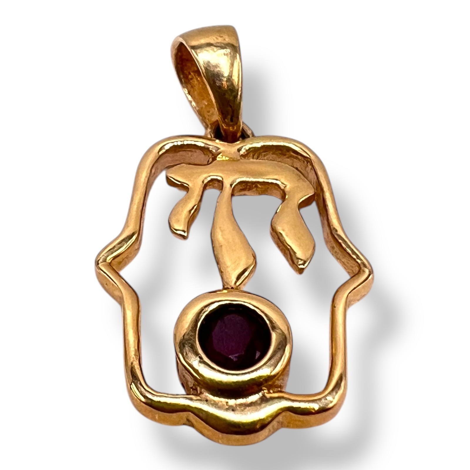 Solid 14k Yellow Gold Ruby Hamsa Chai  Pendant Ch… - image 2