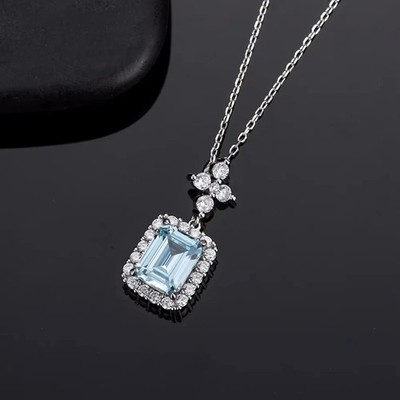 3,4 kt Smaragd Lab Created Aquamarin Damen Kette Anhänger 14 K Weißgold vergoldet