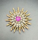 Vintage Starburst Brooch Gold Tone / Silver Tone Rhinestones Purple Lucite 2.25” — photo 5