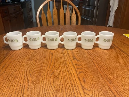 Vintage Anchor Hocking Fire King Stacking Mugs Cups Green Meadow Set of 6 - MCM