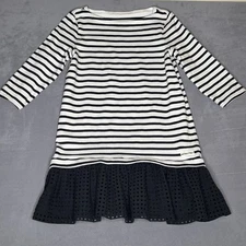 Kate Spade Broome Street Dress Womens Large Black White Stripe Eyelet Hem Cotton