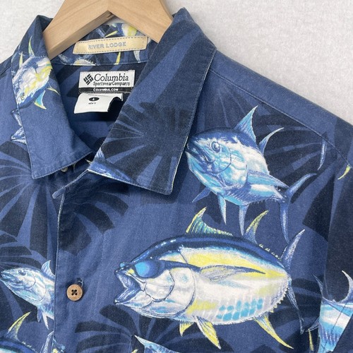 COLUMBIA Shirt Mens L River Lodge Tuna Fish Print Button Up Short Sleeve Blue - Picture 2 of 12