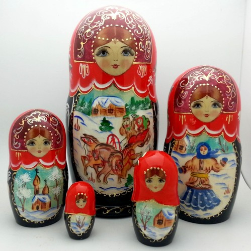 Russian Winter Troika story Hand Carved Hand Painted Nesting Doll set   7" tall  - Picture 1 of 5