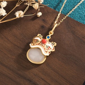 Authentic White Natural Jade Lion Pendant Necklace Real Jewelry 18K Gold Plated