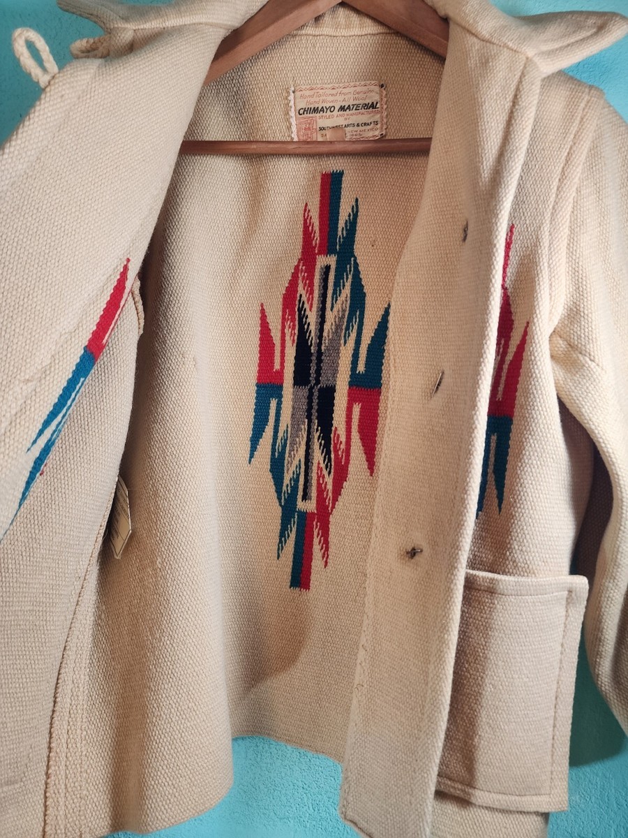 Vtg 50s 60s Chimayo Hand Woven Wool Material Jacket Coat Tan