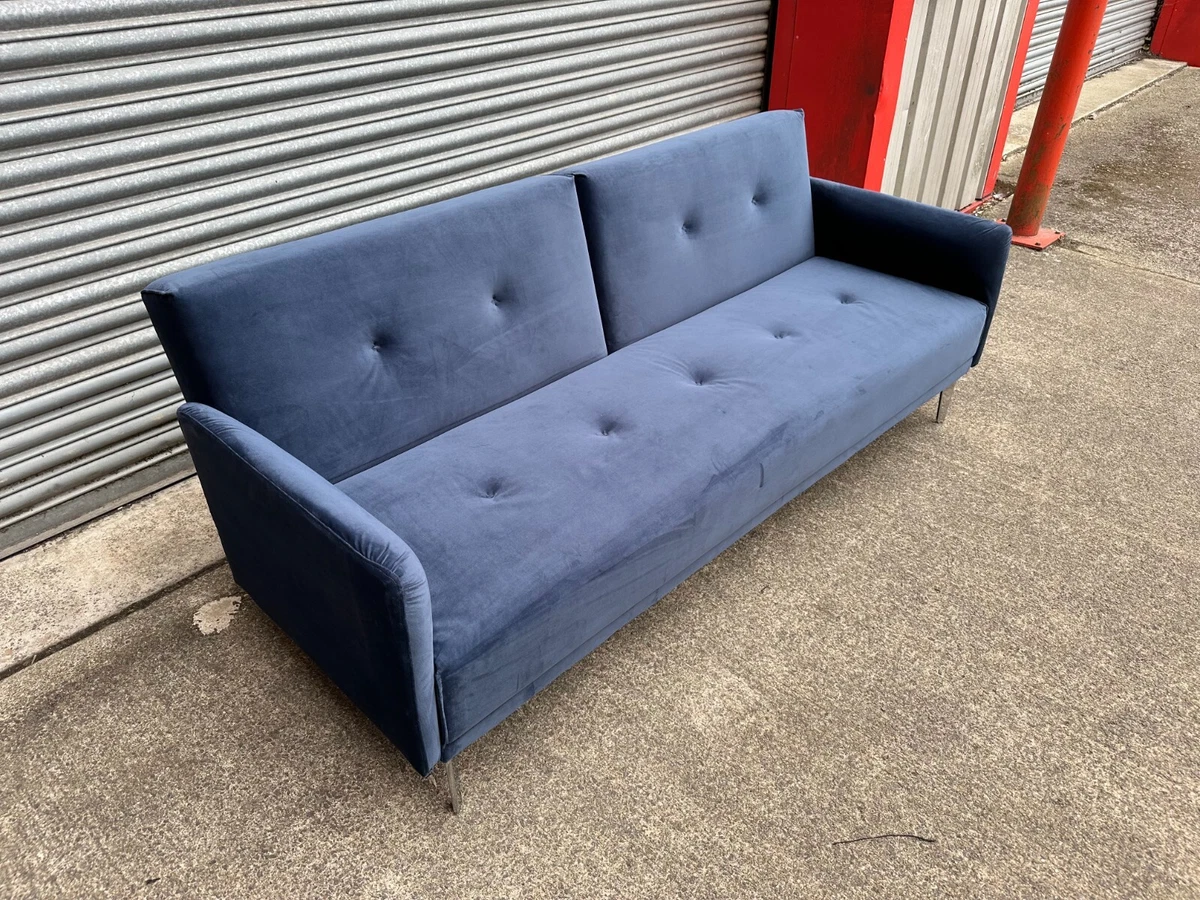 Made 3 Seater Click Clack Sofa Bed in Blue Navy Velvet. RRP 575