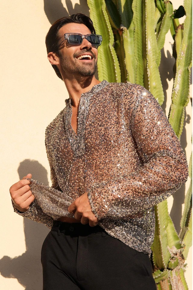 Barabas Men's See Through Sequins V-Neck Long Sleeve Shirts 5PST01 - Image 4 of 4
