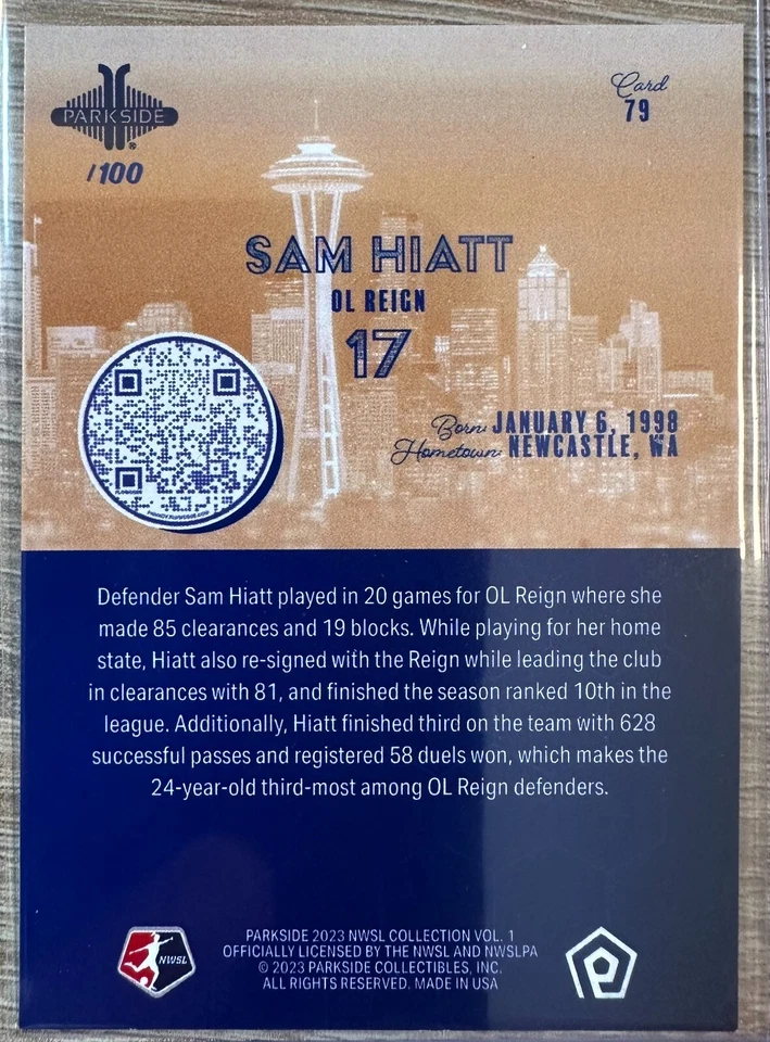 SAM HIATT 2023 PARKSIDE NWSL VOL 1 SHIMMER SP PARALLEL #79 /100 OL REIGN! - Image 2 of 2