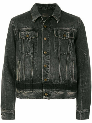 Giacca denim Saint Laurent Paris effetto invecchiato tagliato ombra nera taglia large YVES