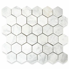 C32XH Carrara White Marble 2" Hexagon Mosaic Tile Venato Carrera Honed