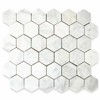 C32XH Carrara White Marble 2'' Hexagon Mosaic Tile Venato Carrera Honed