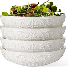 Pasta Bowls, 32oz Salad Bowls Set of 4, White Ceramic Soup Bowls 8 Inch Embos...