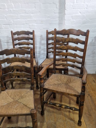 Antique vintage farmhouse set of 6 ladderback oak kitchen / dining chairs - Picture 5 of 24