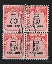 US Postage Due $5 stamp Block of 4 1959 CV$$40 A-17