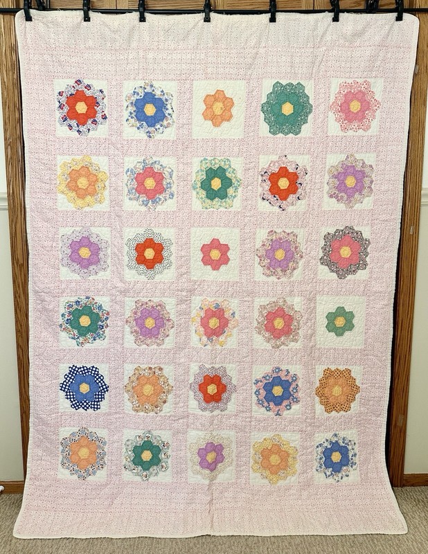 Handmade Appliquéd Cotton Grandmother Flower Garden Quilt