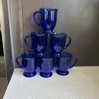 Set Of 6 Vtg Anchor Hocking Cobalt Blue Footed 5" Coffee Mugs