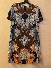 EXPRESS Short Sleeve Shift Boho Dress Size S Navy Blue w/Orange/White/Back Print