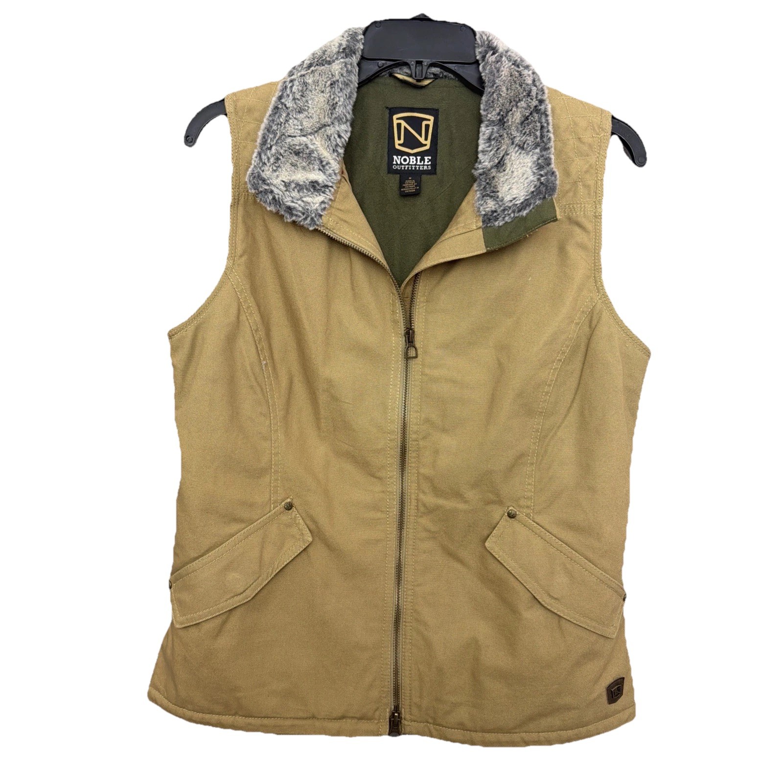 NOBLE Outfitters  Wms SZ M Khaki Canvas Faux Fur Trim Full Zip Vest Versatile