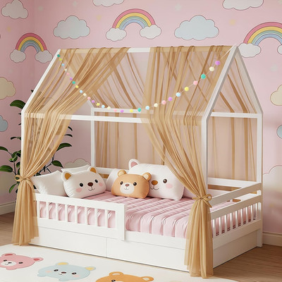 2 Stück Hausbett Himmel Für Kinderbett, 160X350Cm Mit Farbiger Pompon-Girlande &