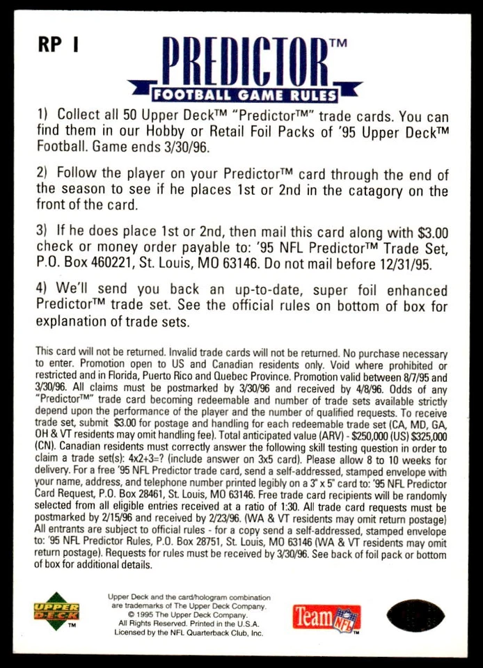 1995 Upper Deck #RP1 Dan Marino FOOTBALL Miami Dolphins - Image 2 of 2